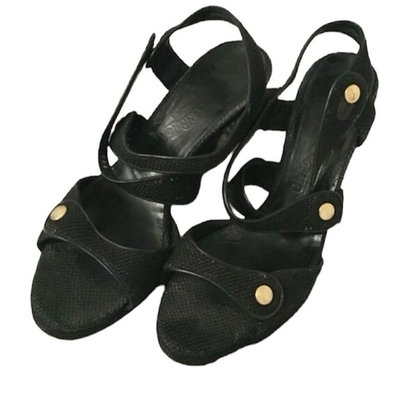 Salvatore Ferragamo Black Woven Sandal Strap Wedge Heels 9 1/2